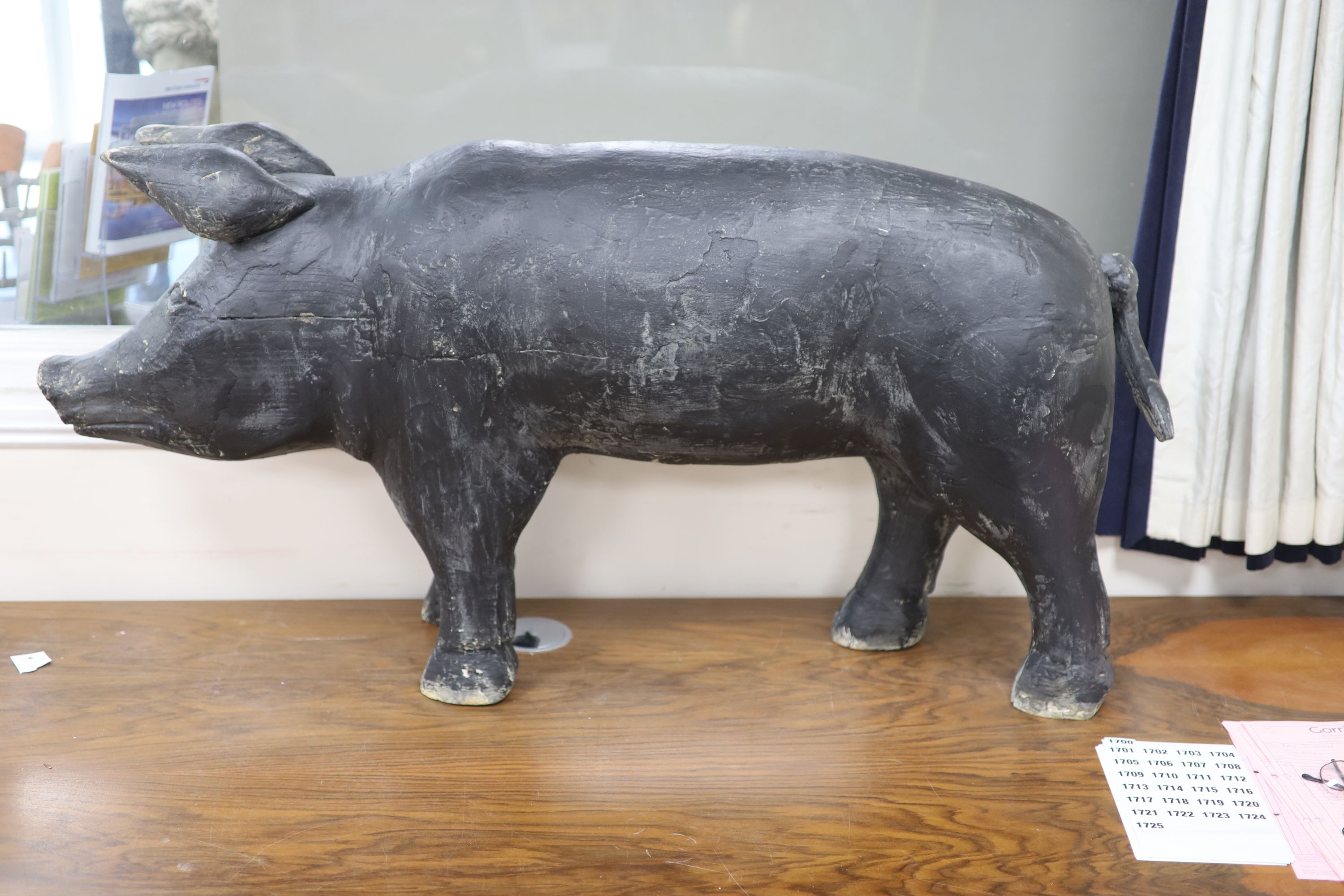 A vintage painted carved wood model of a standing pig, length 120cm